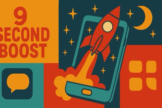 9 Second Boost - Retro illustration with rocket launching from phone