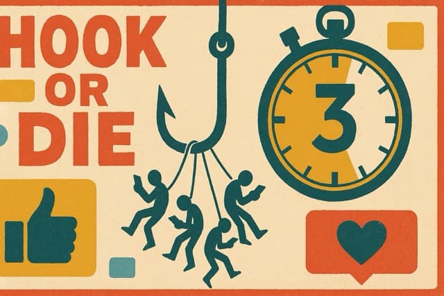 Hook or Die - Retro illustration with fishing hook and 3-second timer