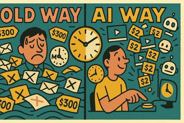 Old Way vs AI Way - Retro illustration comparing traditional UGC vs AI-powered content
