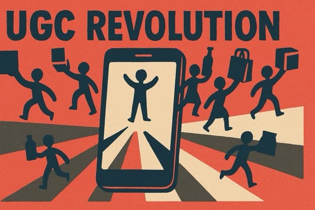 UGC Revolution - Retro illustration showing silhouetted figures with raised fists emerging from smartphone