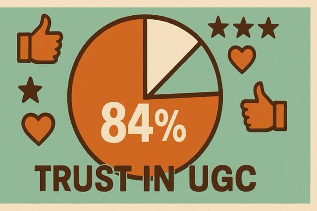 84% Trust in UGC - Retro infographic with pie chart and thumbs up icons