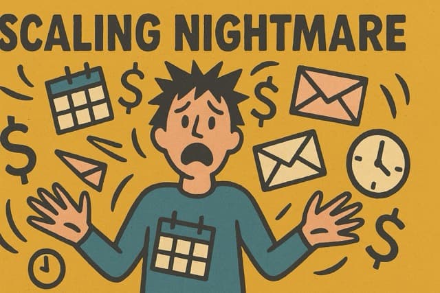 Scaling Nightmare - Retro illustration of stressed person surrounded by calendars and emails