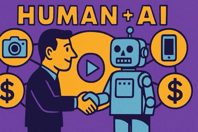 Human + AI - Retro illustration of person shaking hands with robot